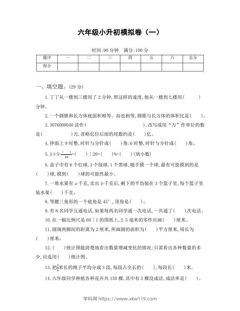 六年级小升初模拟卷（一）-知途学科网