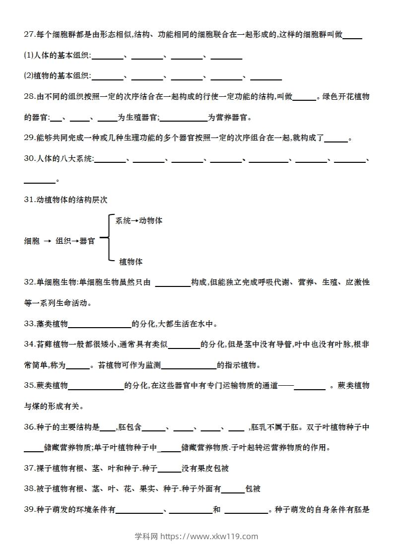 图片[3]-七上生物全册知识点填空72题（空白）-知途学科网